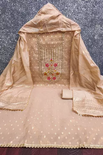 Women's beige weaving handwork simmar dress material