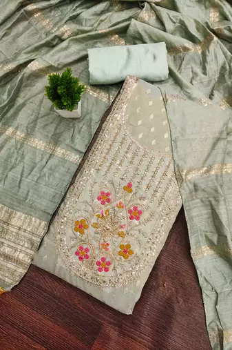 Women's grey unstitched weaving handwork simmar dress material (mt655gry)