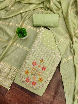 Women's light green weaving handwork simmar dress material 1