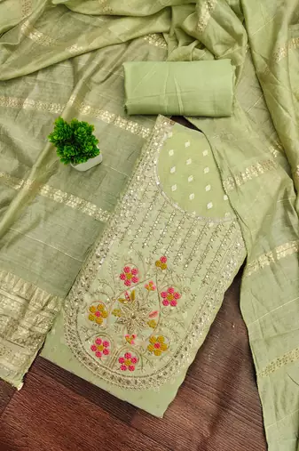 Women's light green unstitched weaving handwork simmar dress material (mt655lgn)