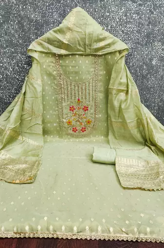 Women's light green weaving handwork simmar dress material