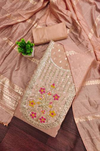 Women's peach unstitched weaving handwork simmar dress material (mt655pch)