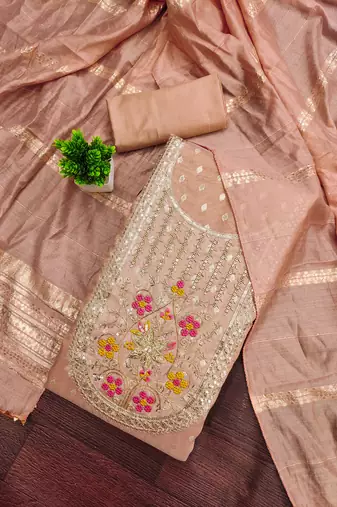 Women's peach unstitched weaving handwork simmar dress material (mt655pch)