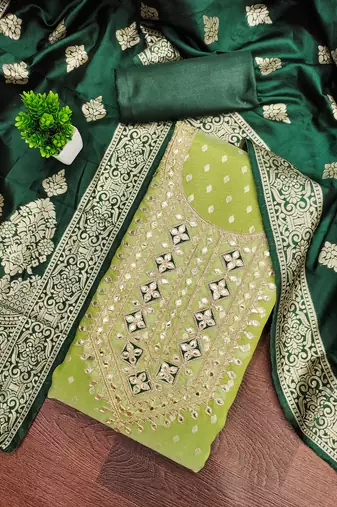 Women's light green unstitched weaving handwork simmar dress material (mt656grn)