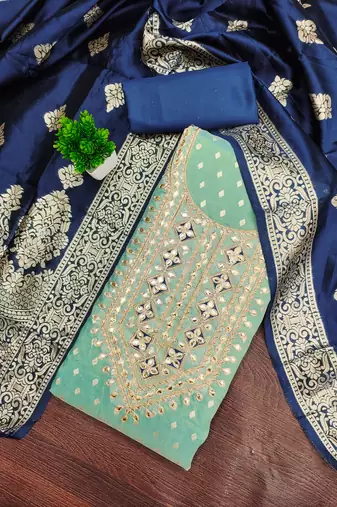 Women's sea green unstitched weaving handwork simmar dress material (mt656sgn)