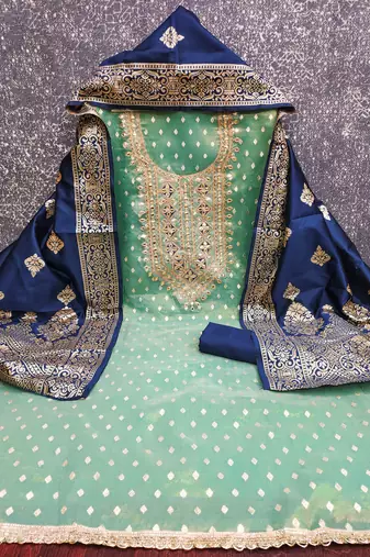 Women's sea green weaving handwork simmar dress material