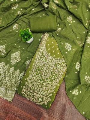 Women's olive green weaving handwork simmar dress material 1