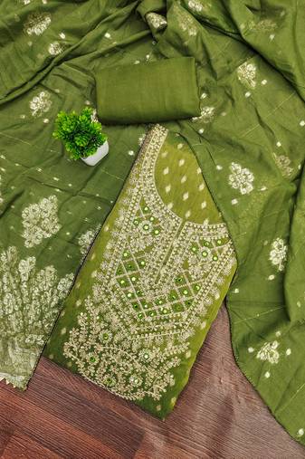 Women's olive green unstitched weaving handwork simmar dress material (mt657ogn)