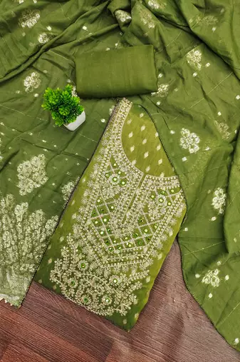 Women's olive green unstitched weaving handwork simmar dress material (mt657ogn)
