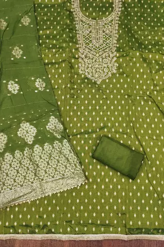 Women's olive green weaving handwork simmar dress material