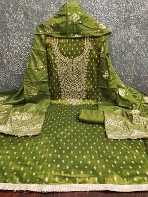 Women's olive green weaving handwork simmar dress material 3