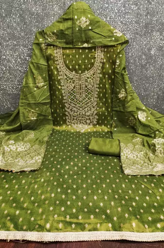 Women's olive green weaving handwork simmar dress material