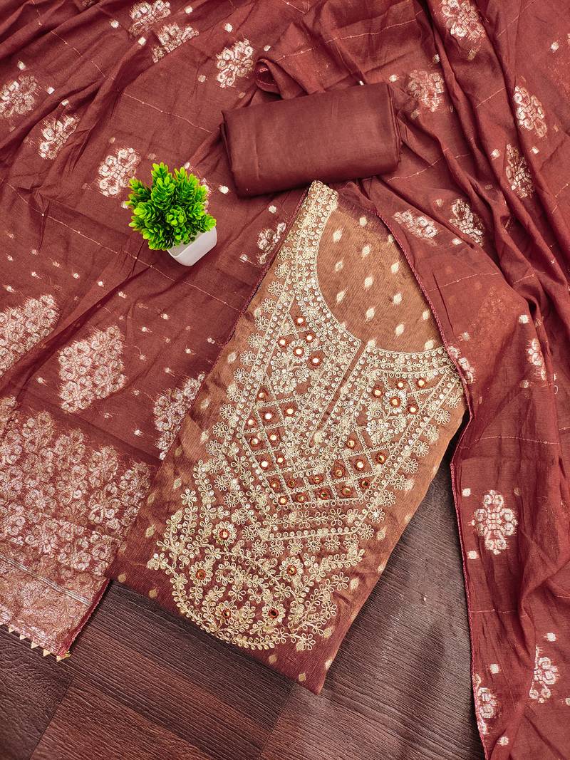 Women's rust unstitched weaving handwork simmar dress material (mt657rst)