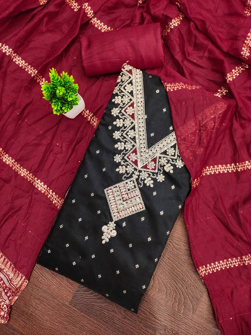 Women's black unstitched weaving embroidered modal dress material (mt658blk)