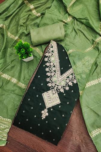 Women's green unstitched weaving embroidered modal dress material (mt658grn)