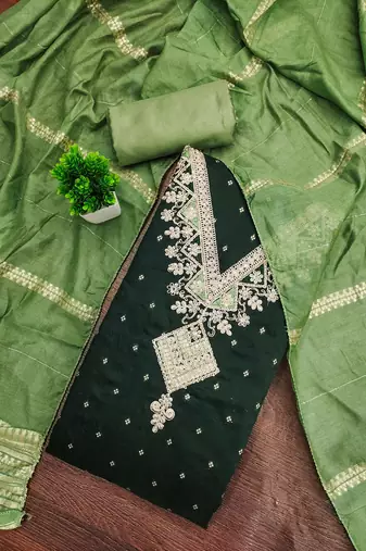Women's green unstitched weaving embroidered modal dress material (mt658grn)
