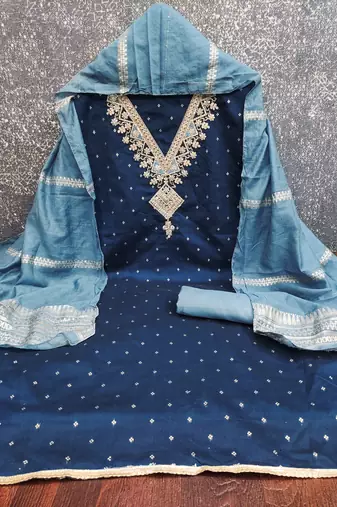 Women's teal blue weaving embroidered modal dress material