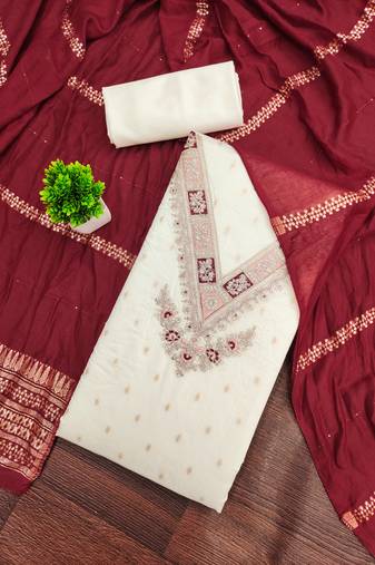 Women's white unstitched weaving embroidered modal dress material (mt659mrn)