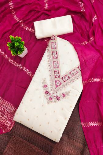 Women's white unstitched weaving embroidered modal dress material (mt659pnk)