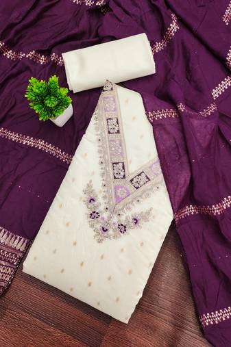 Women's white unstitched weaving embroidered modal dress material (mt659ppl)
