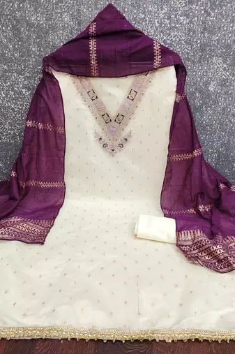 Women's white weaving embroidered modal dress material