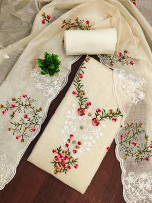 Women's beige thread embroidery chanderi cotton dress material 1