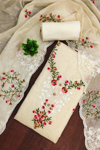 Women's beige unstitched thread embroidery chanderi cotton dress material (mt660bge)