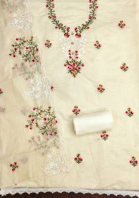 Women's beige thread embroidery chanderi cotton dress material 2