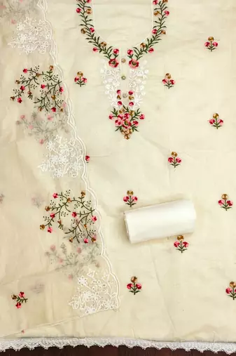 Women's beige thread embroidery chanderi cotton dress material