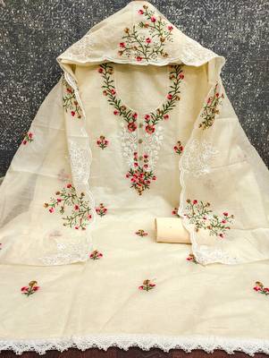 Women's beige thread embroidery chanderi cotton dress material 3