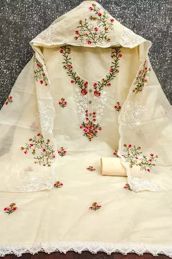 Women's beige thread embroidery chanderi cotton dress material