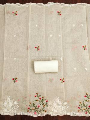 Women's beige thread embroidery chanderi cotton dress material 4