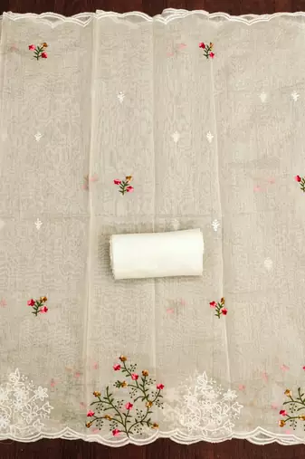 Women's beige thread embroidery chanderi cotton dress material