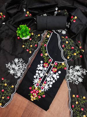 Women's black unstitched thread embroidery chanderi cotton dress material (mt660blk) 1
