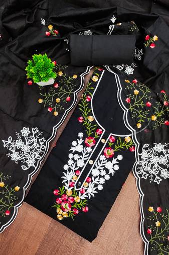 Women's black unstitched thread embroidery chanderi cotton dress material (mt660blk)