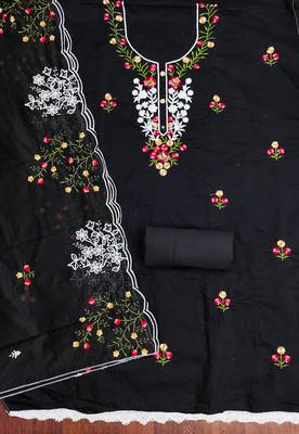 Women's black unstitched thread embroidery chanderi cotton dress material (mt660blk) 2