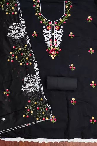 Women's black unstitched thread embroidery chanderi cotton dress material (mt660blk)