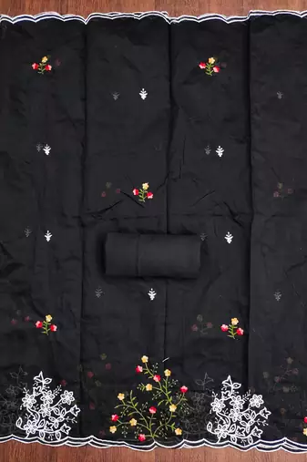 Women's black unstitched thread embroidery chanderi cotton dress material (mt660blk)