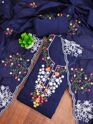 Women's blue thread embroidery chanderi cotton dress material 1