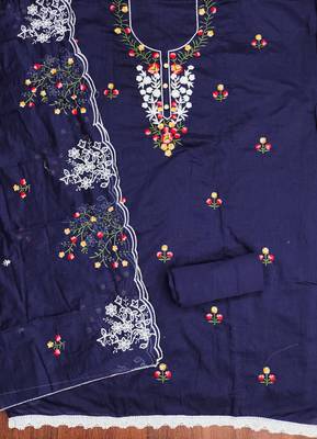 Women's blue thread embroidery chanderi cotton dress material 2