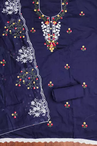 Women's blue thread embroidery chanderi cotton dress material