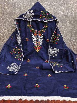 Women's blue thread embroidery chanderi cotton dress material 3