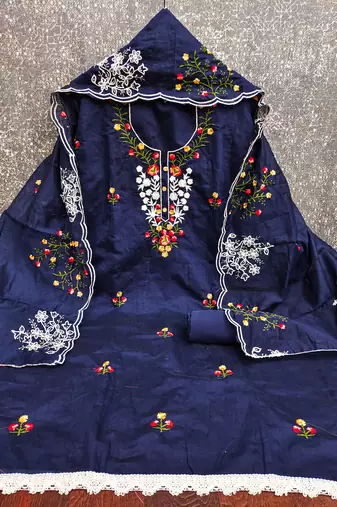 Women's blue thread embroidery chanderi cotton dress material