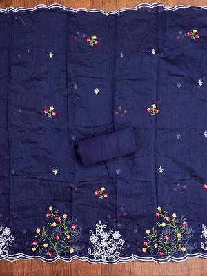 Women's blue thread embroidery chanderi cotton dress material 4
