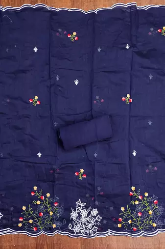 Women's blue thread embroidery chanderi cotton dress material