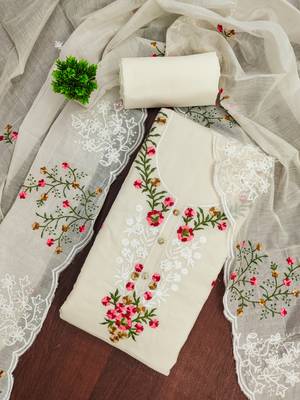 Women's cream thread embroidery chanderi cotton dress material 1