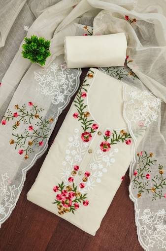Women's cream unstitched thread embroidery chanderi cotton dress material (mt660crm)