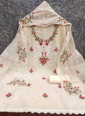 Women's cream thread embroidery chanderi cotton dress material 3