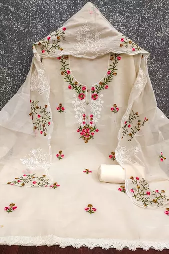 Women's cream thread embroidery chanderi cotton dress material