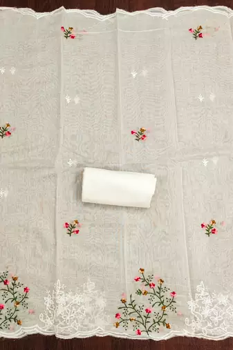 Women's cream thread embroidery chanderi cotton dress material